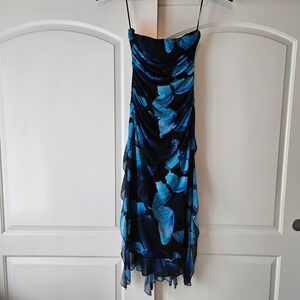 Blue Butterfly Print Ruched Strapless Midi Dress Medium US 6 Fairy Y2K SHEIN